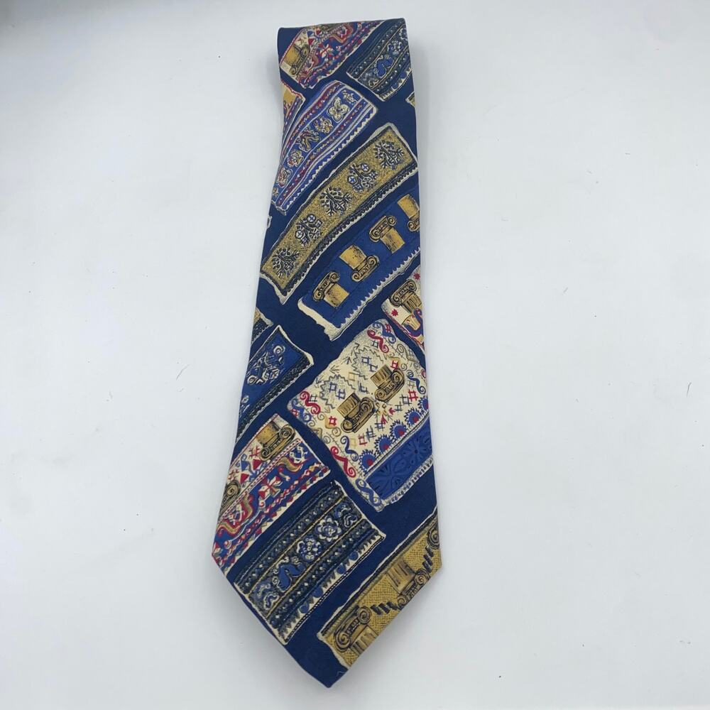 Structure 100% Silk Italian Fabric Blue Gold Red Neck Tie men's 58"
